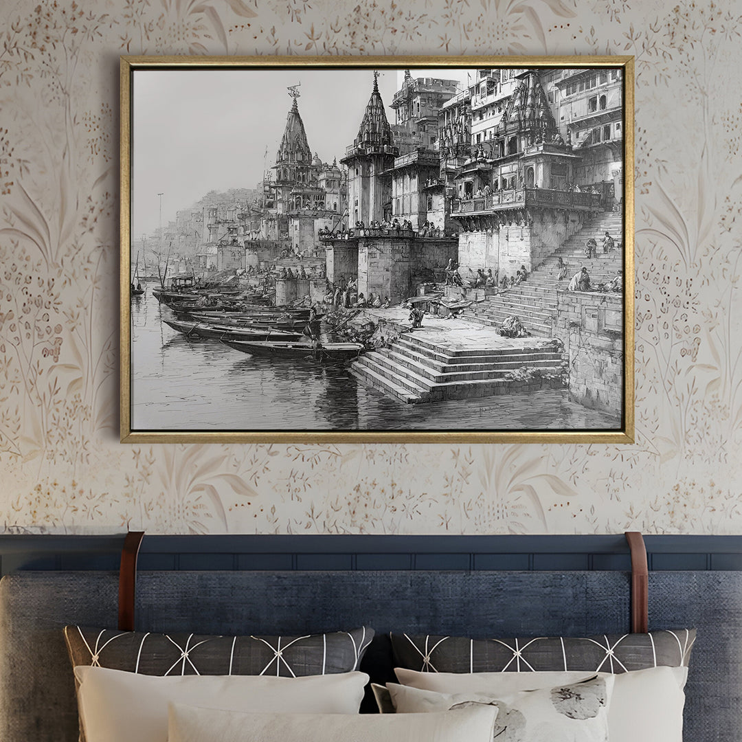 Banaras Ghats Painting Wall Art – Varanasi Riverfront with Golden Floater Frame – HD Print Large Canvas, Ready to Hang, Size: 3X4FT, (BAWA11)