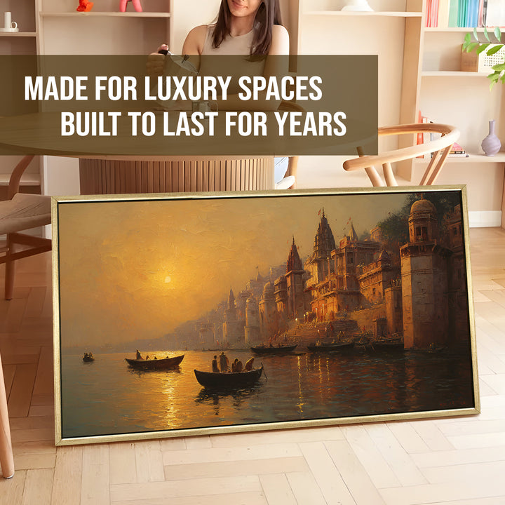Banaras Ghats Painting Wall Art – Varanasi Riverfront with Golden Floater Frame – HD Print Large Canvas, Ready to Hang, Size: 2X4FT, (BAWA32)