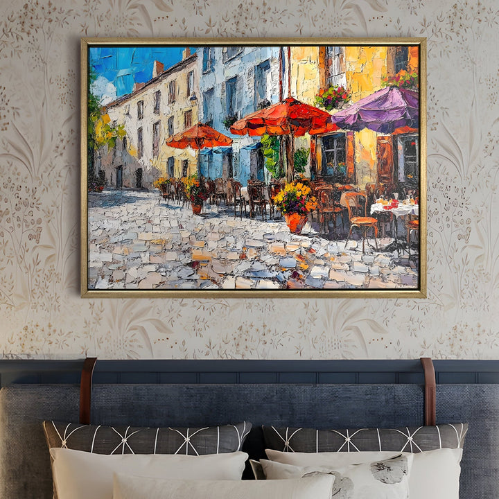 Cobblestone market square in southern France Wall Art, HD Canvas Print, Golden Floater Framed, Ready to Hang, (36 In x 48 In) (CAFE-WA-17)