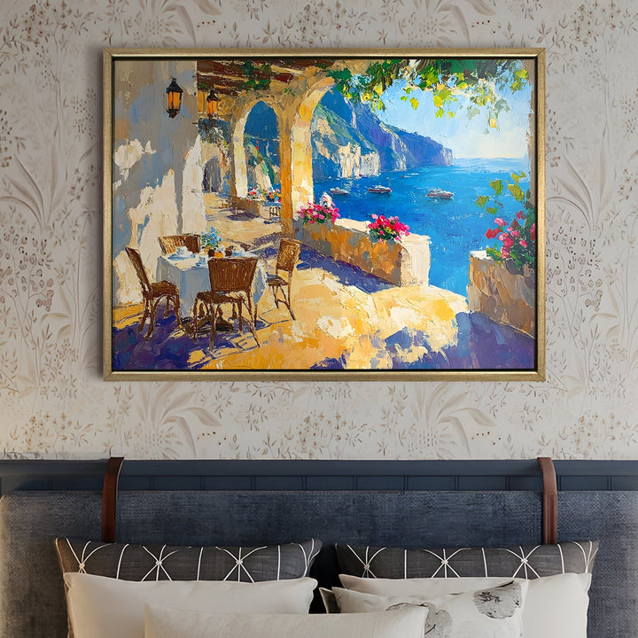 Seaside café on the cliffs of Amalfi Coast Wall Art, HD Canvas Print, Golden Floater Framed, Ready to Hang, (36 In x 48 In) (CAFE-WA-14)