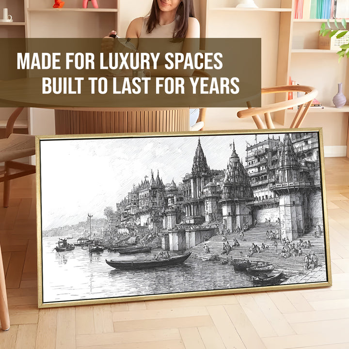 Banaras Ghats Painting Wall Art – Varanasi Riverfront with Golden Floater Frame – HD Print Large Canvas, Ready to Hang, Size: 2X4FT, (BAWA39)