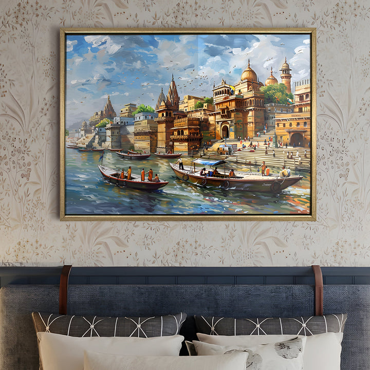 Banaras Ghats Painting Wall Art – Varanasi Riverfront with Golden Floater Frame – HD Print Large Canvas, Ready to Hang, Size: 3X4FT, (BAWA17)