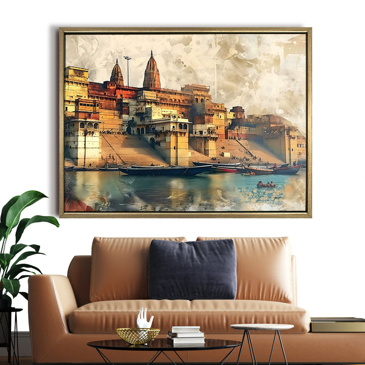 Banaras Ghats Painting Wall Art – Varanasi Riverfront with Golden Floater Frame – HD Print Large Canvas, Ready to Hang, Size: 3X4FT, (BAWA30)
