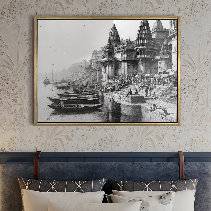 Banaras Ghats Painting Wall Art – Varanasi Riverfront with Golden Floater Frame – HD Print Large Canvas, Ready to Hang, Size: 3X4FT, (BAWA10)