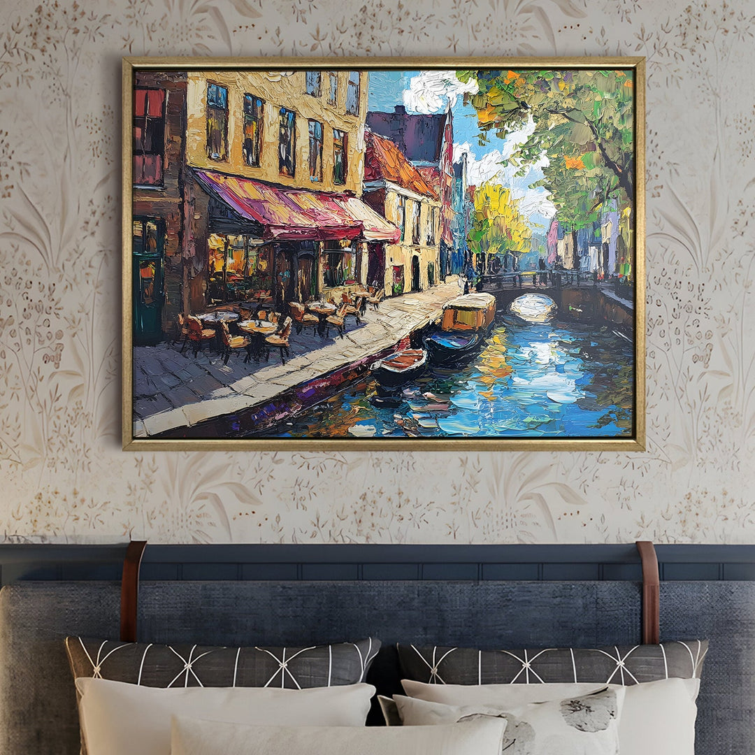 Canal-side brunch café in Amsterdam Wall Art, HD Canvas Print, Golden Floater Framed, Ready to Hang, (36 In x 48 In) (CAFE-WA-12)