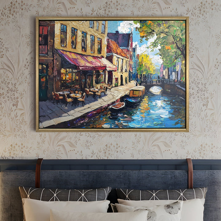 Canal-side brunch café in Amsterdam Wall Art, HD Canvas Print, Golden Floater Framed, Ready to Hang, (36 In x 48 In) (CAFE-WA-12)