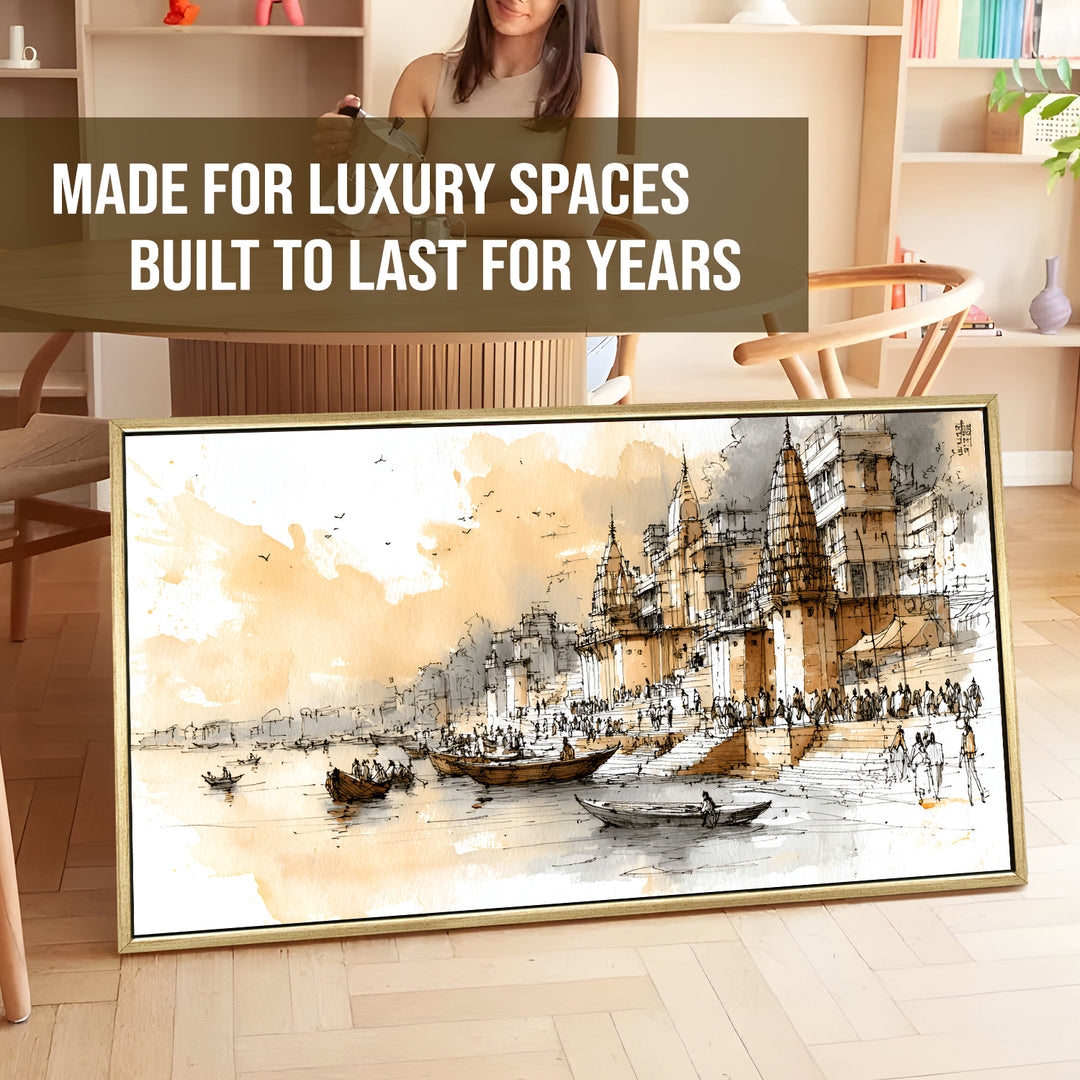 Banaras Ghats Painting Wall Art – Varanasi Riverfront with Golden Floater Frame – HD Print Large Canvas, Ready to Hang, Size: 2X4FT, (BAWA41)