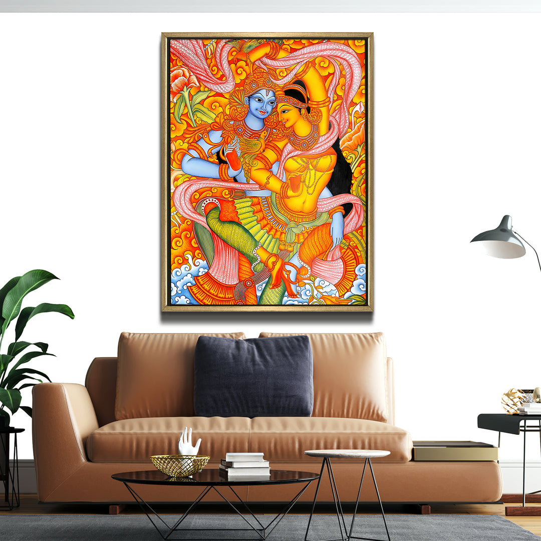 Kerala Mural Canvas Print Painting with Golden Floating Frame – Traditional Indian Wall Art for Home & Office Decor – Size: 3X4 Feet (KAMUWA08)