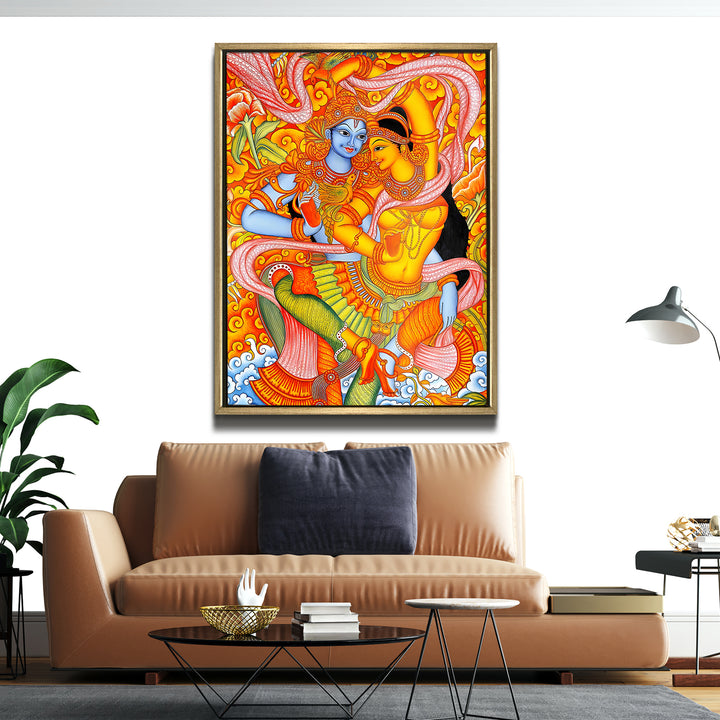 Kerala Mural Canvas Print Painting with Golden Floating Frame – Traditional Indian Wall Art for Home & Office Decor – Size: 3X4 Feet (KAMUWA08)