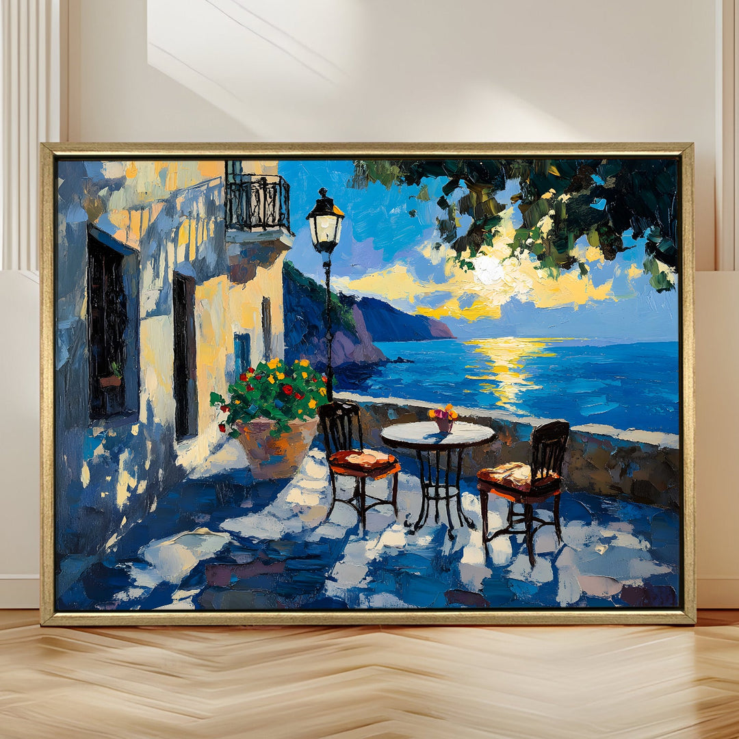 Blue-domed café by the sea cliffs Wall Art, HD Canvas Print, Golden Floater Framed, Ready to Hang, (36 In x 48 In) (CITY-WA-04)