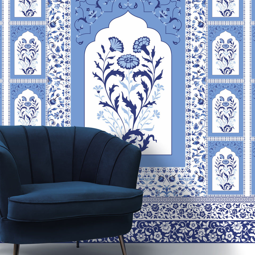 Blue Pottery Elegance – Mughal Floral Wallpaper Mural (PATCH003)