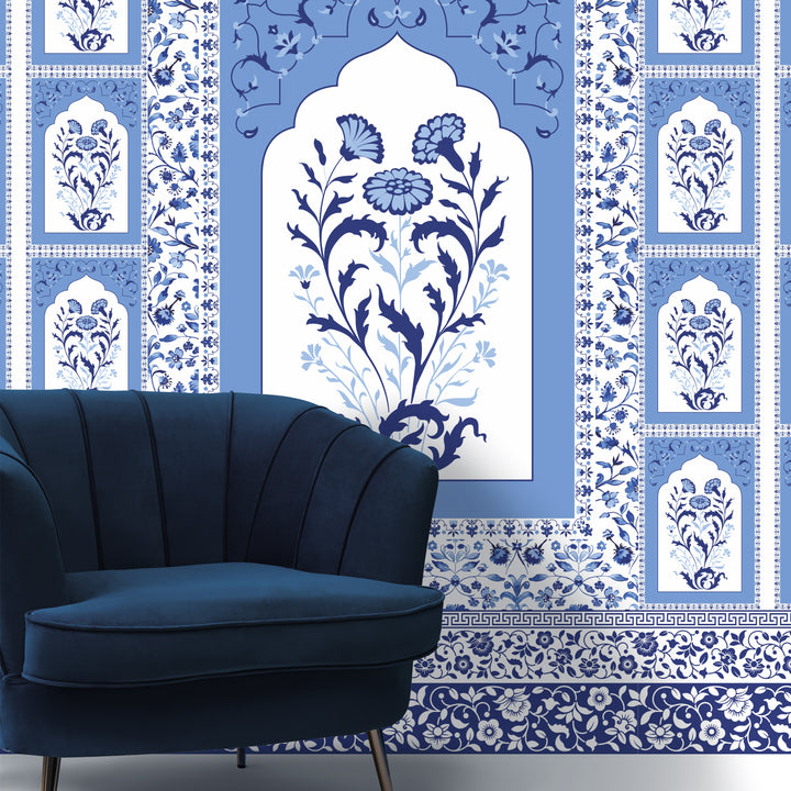 Blue Pottery Elegance – Mughal Floral Wallpaper Mural (PATCH003)