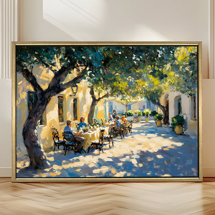 Courtyard dining under olive trees Wall Art, HD Canvas Print, Golden Floater Framed, Ready to Hang, (36 In x 48 In) (CITY-WA-03)