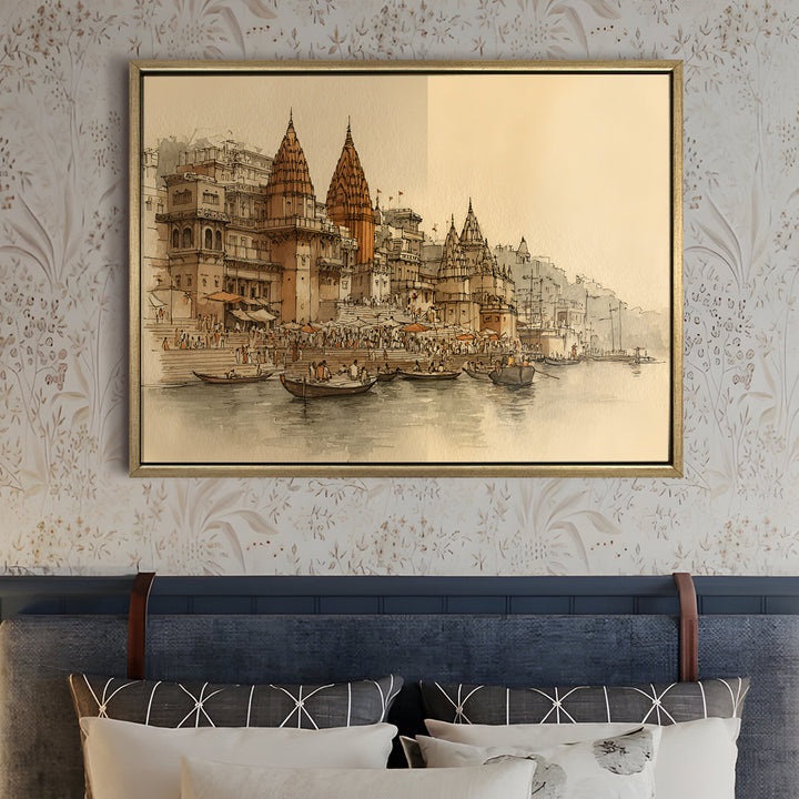 Banaras Ghats Painting Wall Art – Varanasi Riverfront with Golden Floater Frame – HD Print Large Canvas, Ready to Hang, Size: 3X4FT, (BAWA14)