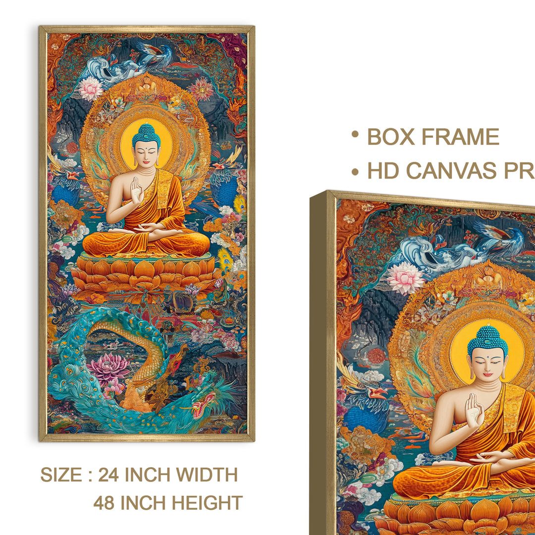 Colorful Spiritual Buddha Meditation Wall Art, HD Canvas Print, Golden Box Framed, Ready to Hang, (48 In x 24 In) (BDWA34)
