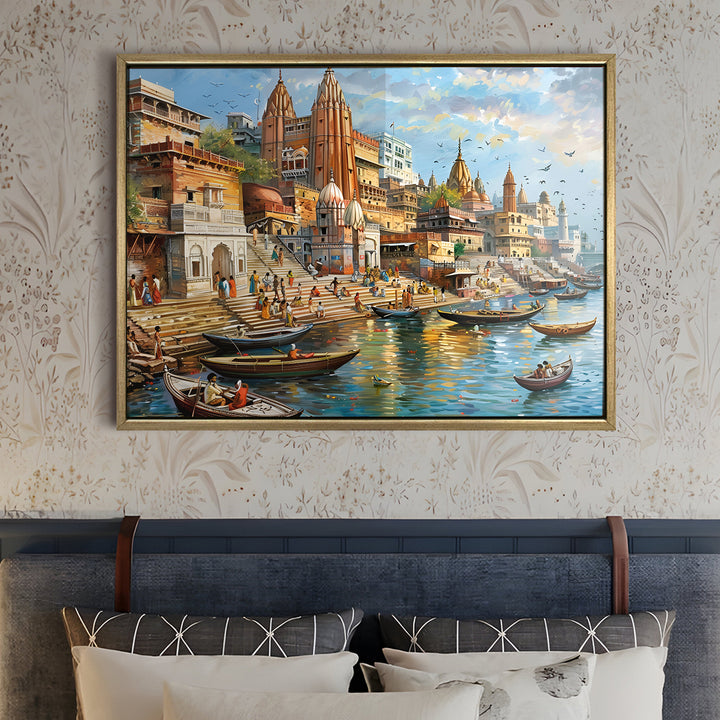 Banaras Ghats Painting Wall Art – Varanasi Riverfront with Golden Floater Frame – HD Print Large Canvas, Ready to Hang, Size: 3X4FT, (BAWA24)