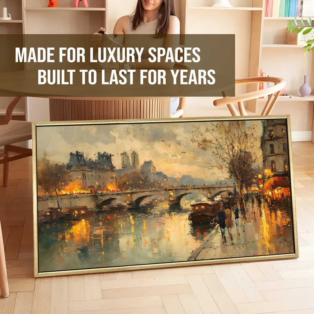 Vintage Riverfront Cityscape Wall Art, HD Canvas Print, Golden Floater Framed, Ready to Hang, (24 In x 48 In). (EURP-WA-06)