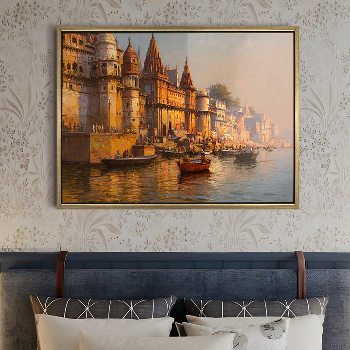 Banaras Ghats Painting Wall Art – Varanasi Riverfront with Golden Floater Frame – HD Print Large Canvas, Ready to Hang, Size: 3X4FT, (BAWA05)