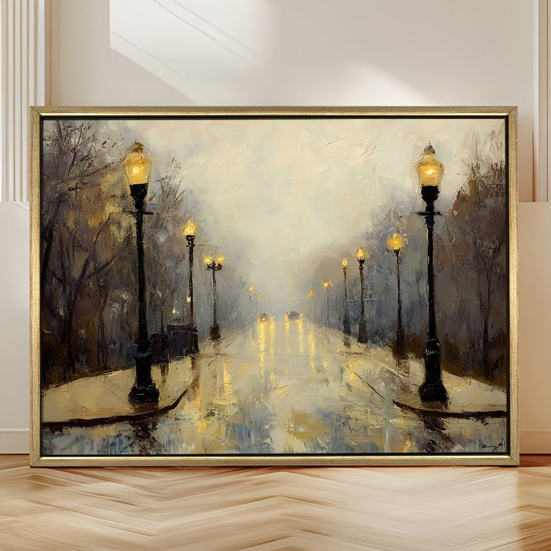Foggy morning street with vintage lamp posts Wall Art, HD Canvas Print, Golden Floater Framed, Ready to Hang, (36 In x 48 In) (CITY-WA-08)