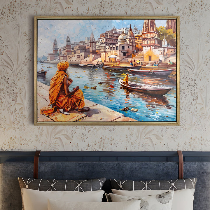 Banaras Ghats Painting Wall Art – Varanasi Riverfront with Golden Floater Frame – HD Print Large Canvas, Ready to Hang, Size: 3X4FT, (BAWA27)