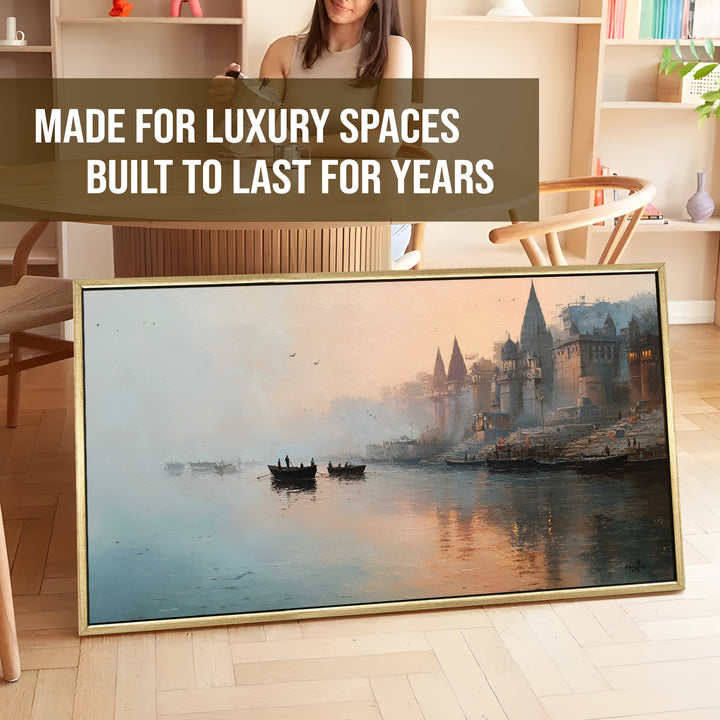 Banaras Ghats Painting Wall Art – Varanasi Riverfront with Golden Floater Frame – HD Print Large Canvas, Ready to Hang, Size: 2X4FT, (BAWA37)