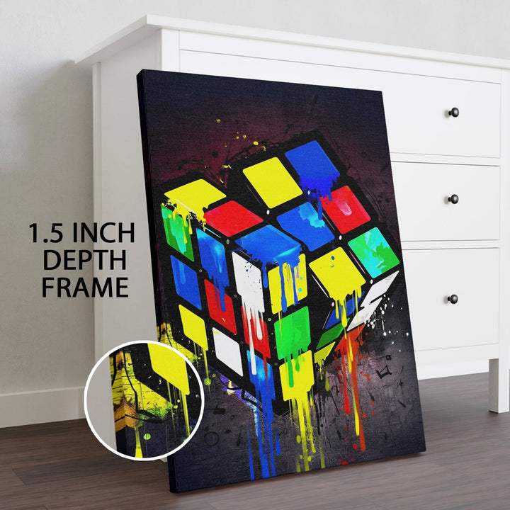 Rubik’s Cube Pop - Dripping Colors Graffiti Style Wall Art, HD Canvas Print, Framed, Ready to Hang. (POMWA346)