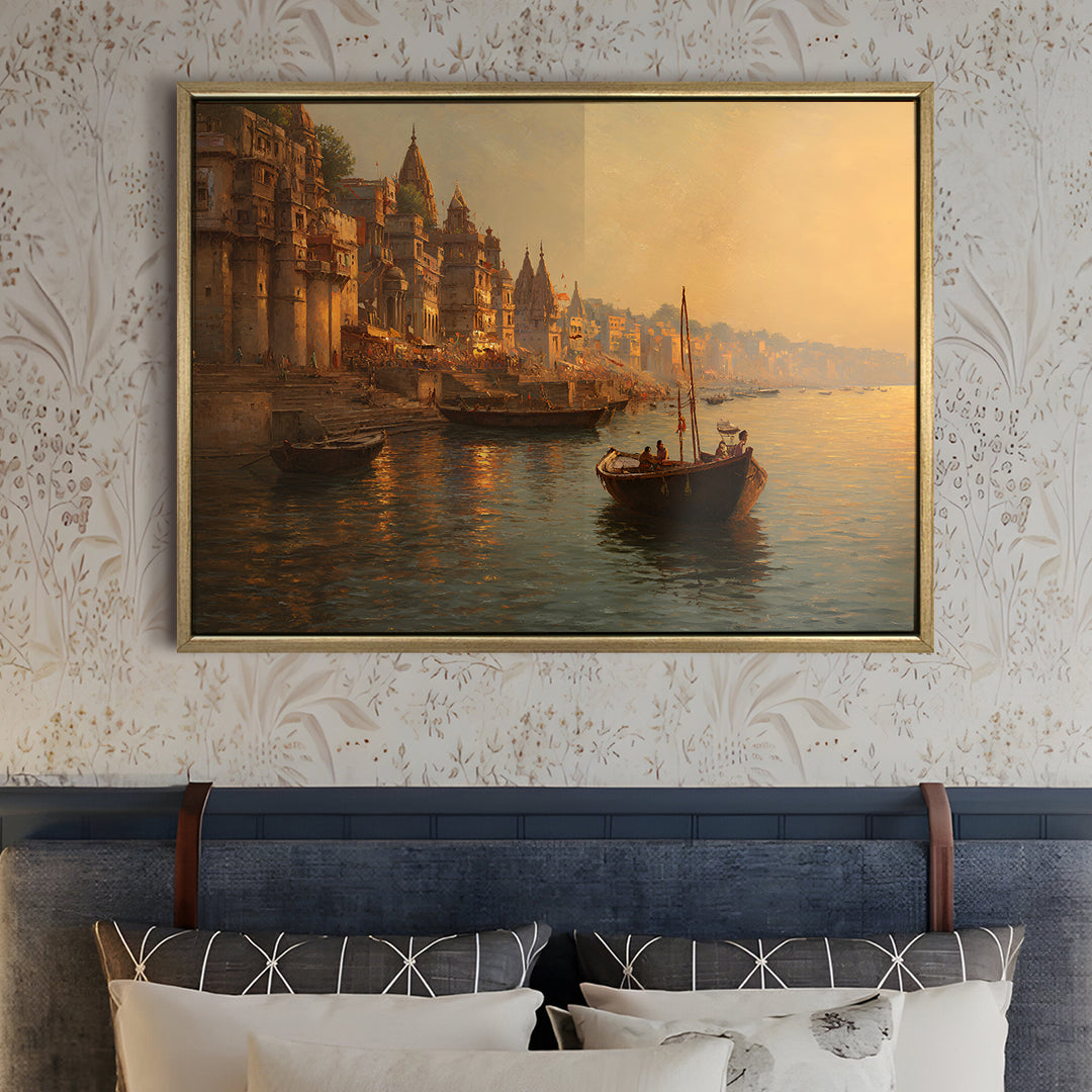 Banaras Ghats Painting Wall Art – Varanasi Riverfront with Golden Floater Frame – HD Print Large Canvas, Ready to Hang, Size: 3X4FT, (BAWA04)