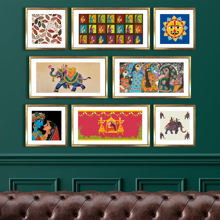 Indian Folk & Madhubani Art – Set of 8 Framed Acrylic Paintings in Golden Box Frames (INETHPA02)