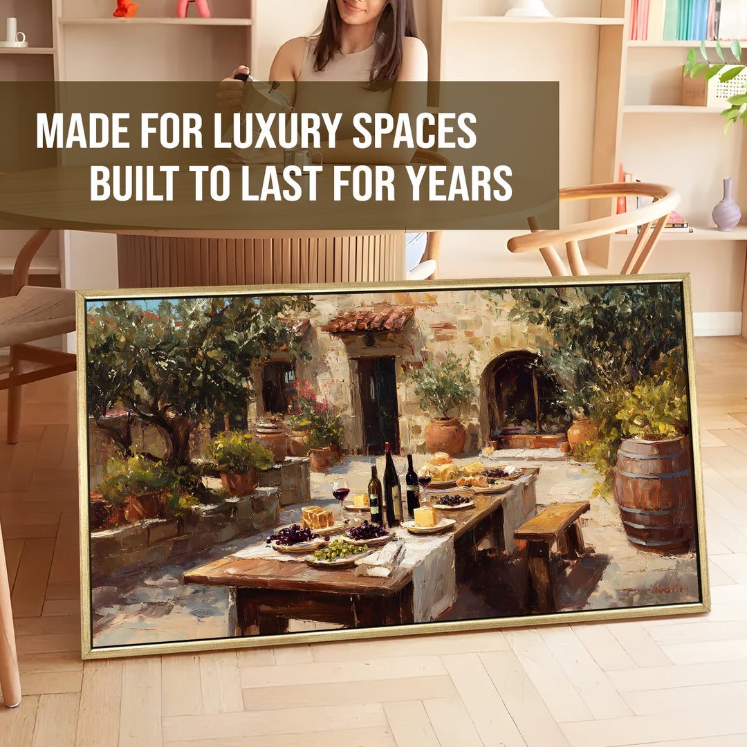 Vintage European Dining Wall Art, HD Canvas Print, Golden Floater Framed, Ready to Hang, (24 In x 48 In). (EURP-WA-03)