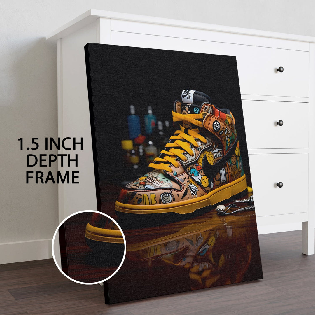 Vibrant Sneaker Wall Art with Graffiti Doodle Painting, HD Canvas Print, Framed, Ready to Hang. (POMWA327)