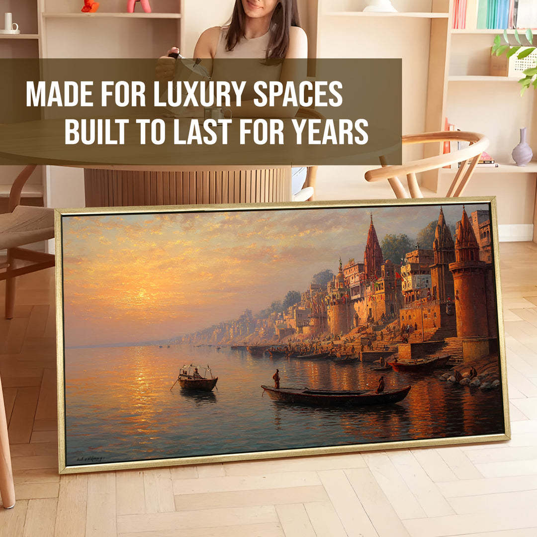 Banaras Ghats Painting Wall Art – Varanasi Riverfront with Golden Floater Frame – HD Print Large Canvas, Ready to Hang, Size: 2X4FT, (BAWA33)
