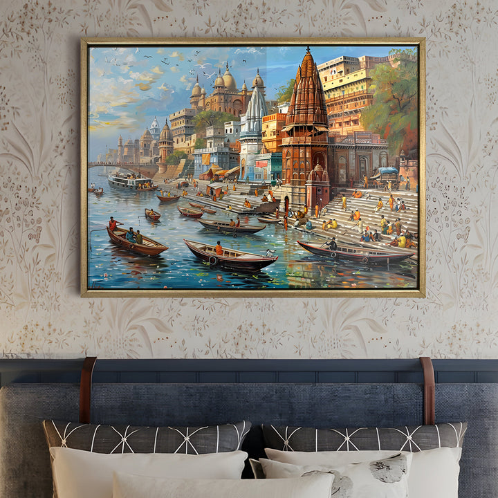 Banaras Ghats Painting Wall Art – Varanasi Riverfront with Golden Floater Frame – HD Print Large Canvas, Ready to Hang, Size: 3X4FT, (BAWA13)
