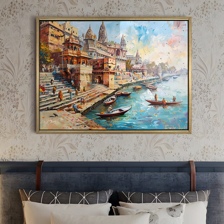 Banaras Ghats Painting Wall Art – Varanasi Riverfront with Golden Floater Frame – HD Print Large Canvas, Ready to Hang, Size: 3X4FT, (BAWA28)