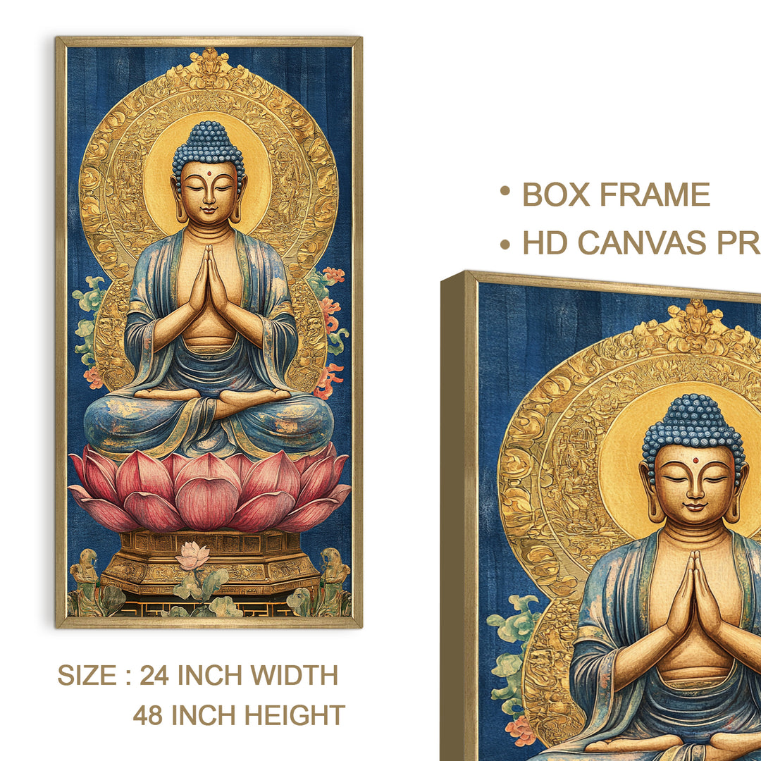 Golden Aura Buddha Portrait on Red Lotus Wall Art, HD Canvas Print, Golden Box Framed, Ready to Hang, (48 In x 24 In) (BDWA40)