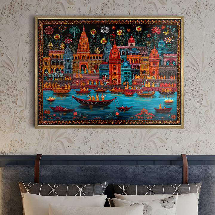 Banaras Ghats Painting Wall Art – Varanasi Riverfront with Golden Floater Frame – HD Print Large Canvas, Ready to Hang, Size: 3X4FT, (BAWA23)