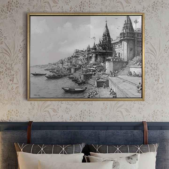 Banaras Ghats Painting Wall Art – Varanasi Riverfront with Golden Floater Frame – HD Print Large Canvas, Ready to Hang, Size: 3X4FT, (BAWA12)