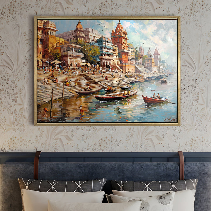 Banaras Ghats Painting Wall Art – Varanasi Riverfront with Golden Floater Frame – HD Print Large Canvas, Ready to Hang, Size: 3X4FT, (BAWA06)