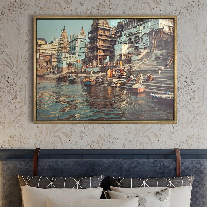 Banaras Ghats Painting Wall Art – Varanasi Riverfront with Golden Floater Frame – HD Print Large Canvas, Ready to Hang, Size: 3X4FT, (BAWA29)