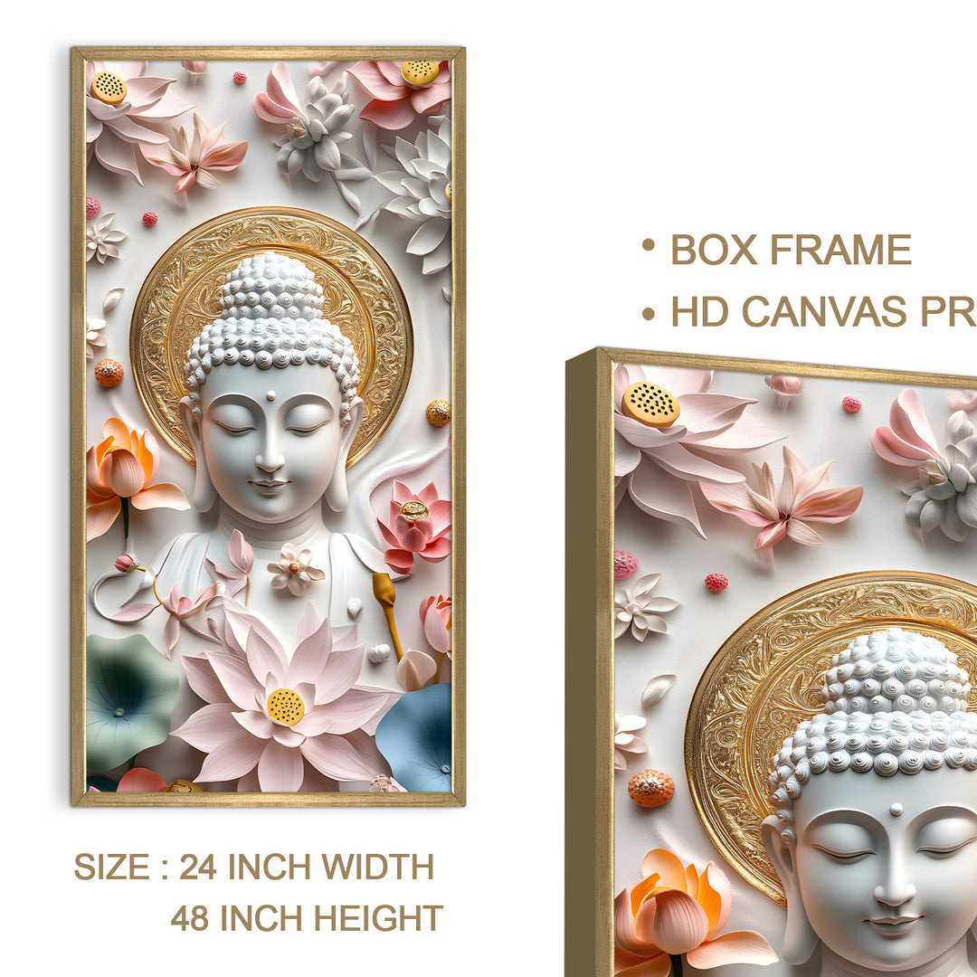 Golden Aura Buddha Portrait Wall Art, HD Canvas Print, Golden Box Framed, Ready to Hang, (48 In x 24 In) (BDWA35)