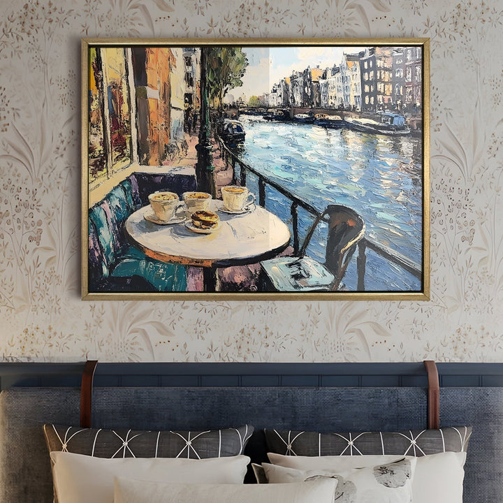 Canal-side brunch café in Amsterdam Wall Art, HD Canvas Print, Golden Floater Framed, Ready to Hang, (36 In x 48 In) (CAFE-WA-10)