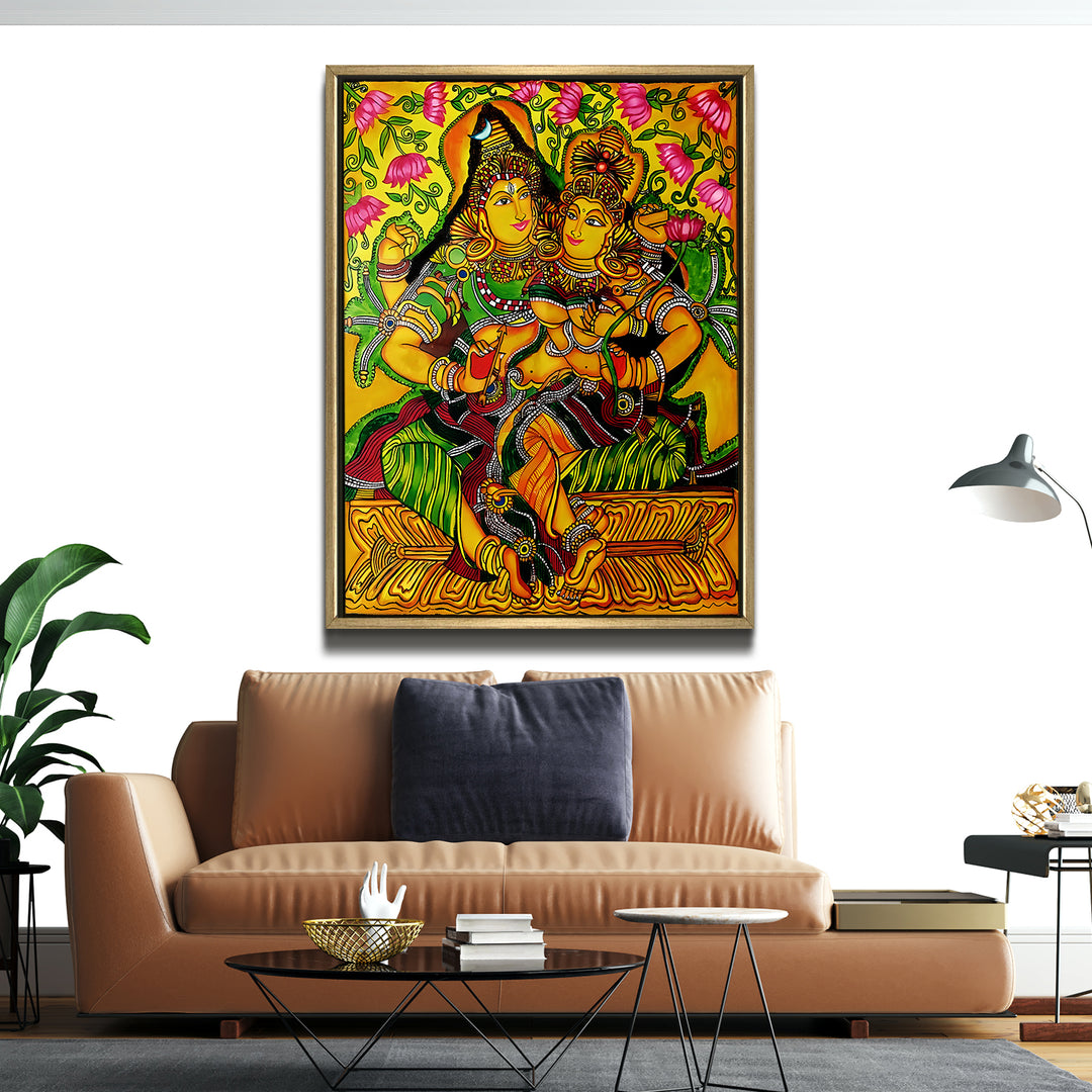Kerala Mural Canvas Print Painting with Golden Floating Frame – Traditional Indian Wall Art for Home & Office Decor – Size: 3X4 Feet (KAMUWA05)
