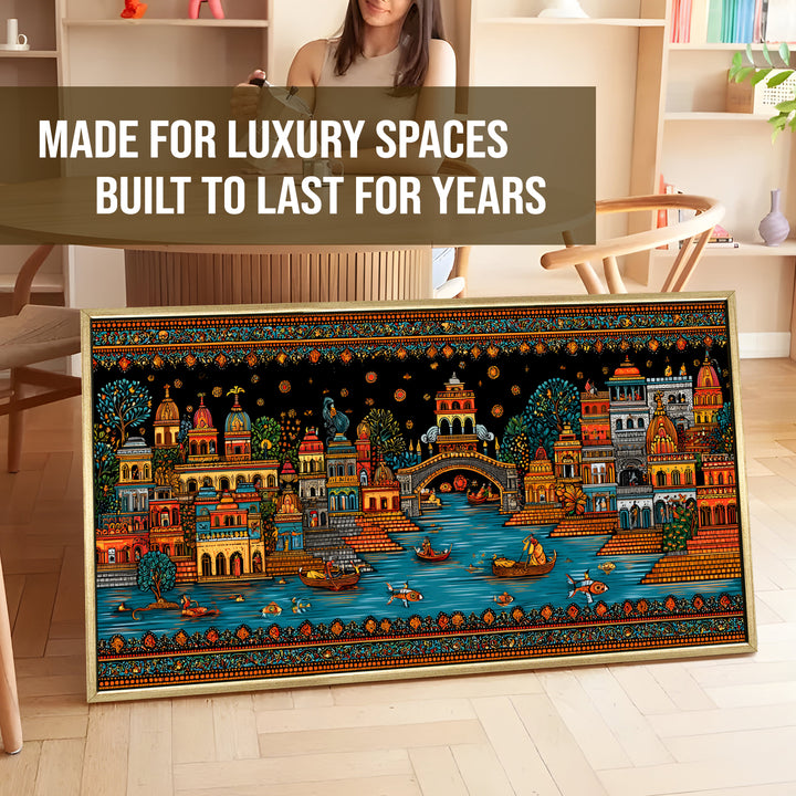 Banaras Ghats Painting Wall Art – Varanasi Riverfront with Golden Floater Frame – HD Print Large Canvas, Ready to Hang, Size: 2X4FT, (BAWA44)