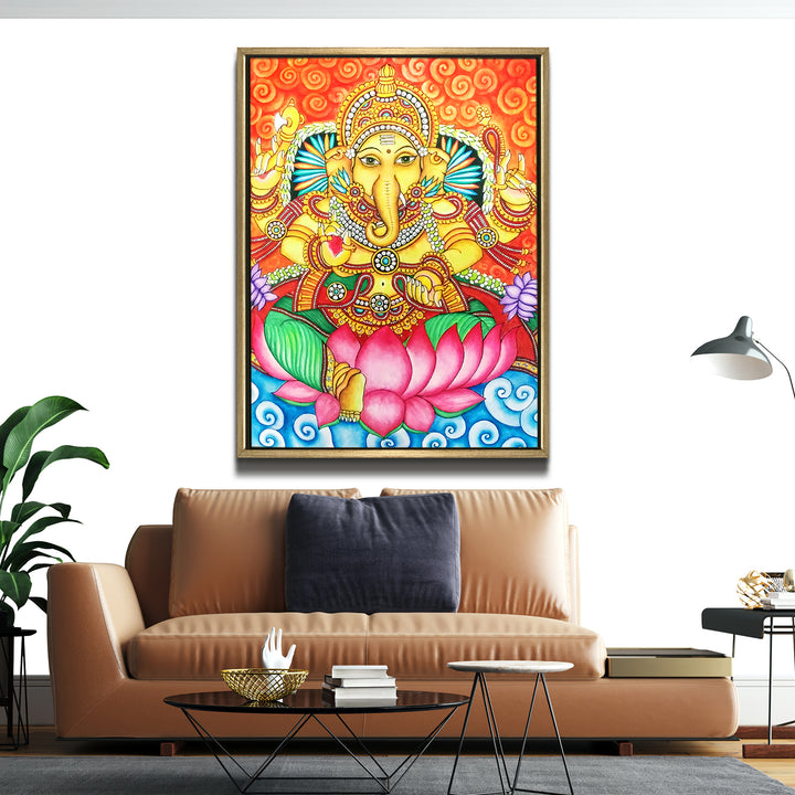 Kerala Mural Canvas Print Painting with Golden Floating Frame – Traditional Indian Wall Art for Home & Office Decor – Size: 3X4 Feet (KAMUWA06)