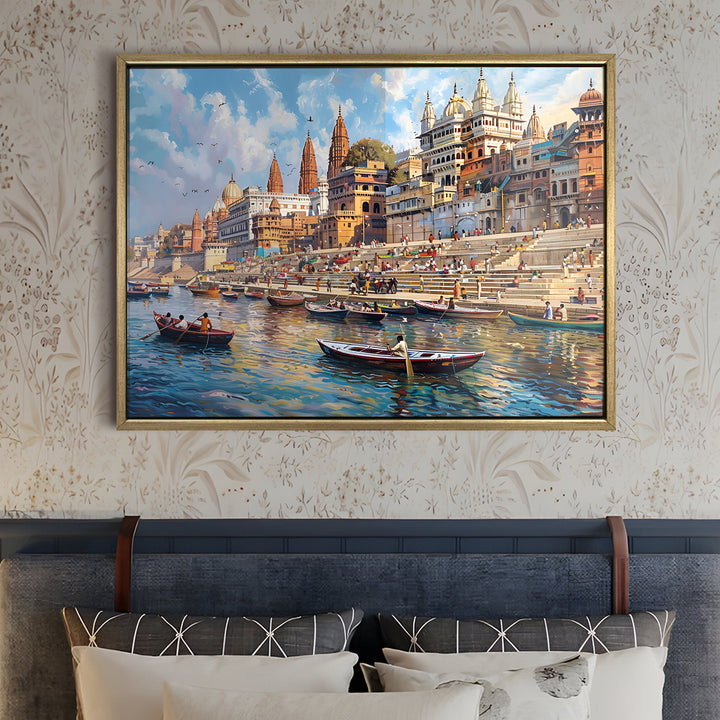 Banaras Ghats Painting Wall Art – Varanasi Riverfront with Golden Floater Frame – HD Print Large Canvas, Ready to Hang, Size: 3X4FT, (BAWA19)
