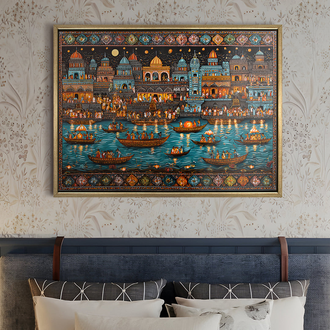 Banaras Ghats Painting Wall Art – Varanasi Riverfront with Golden Floater Frame – HD Print Large Canvas, Ready to Hang, Size: 3X4FT, (BAWA20)