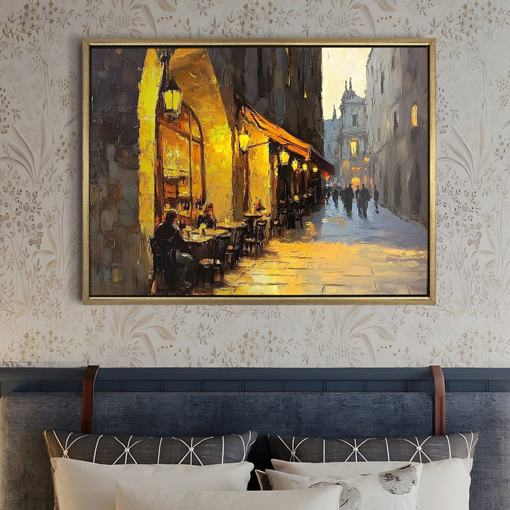Sunset view from a rooftop bistro in Barcelona Wall Art, HD Canvas Print, Golden Floater Framed, Ready to Hang, (36 In x 48 In) (CAFE-WA-11)