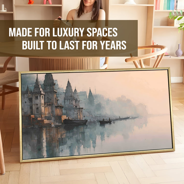Banaras Ghats Painting Wall Art – Varanasi Riverfront with Golden Floater Frame – HD Print Large Canvas, Ready to Hang, Size: 2X4FT, (BAWA36)