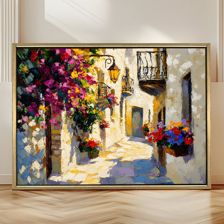 Narrow alley with balconies full of flowers Wall Art, HD Canvas Print, Golden Floater Framed, Ready to Hang, (36 In x 48 In) (CITY-WA-07)
