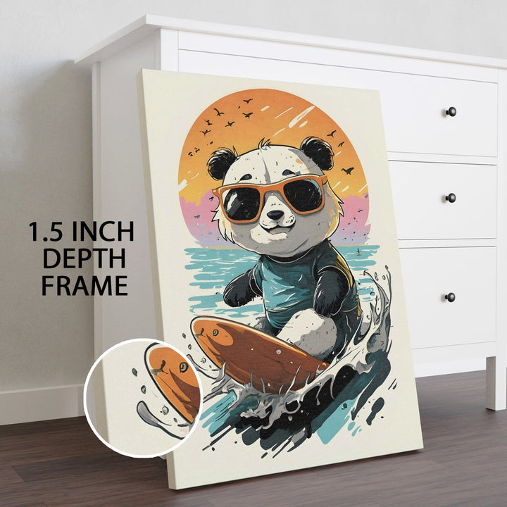 Surf’s Up Panda – Cute Cartoon Wall Art Painting, HD Canvas Print, Framed, Ready to Hang. (POMWA320)