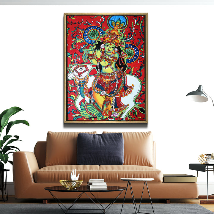 Kerala Mural Canvas Print Painting with Golden Floating Frame – Traditional Indian Wall Art for Home & Office Decor – Size: 3X4 Feet (KAMUWA09)